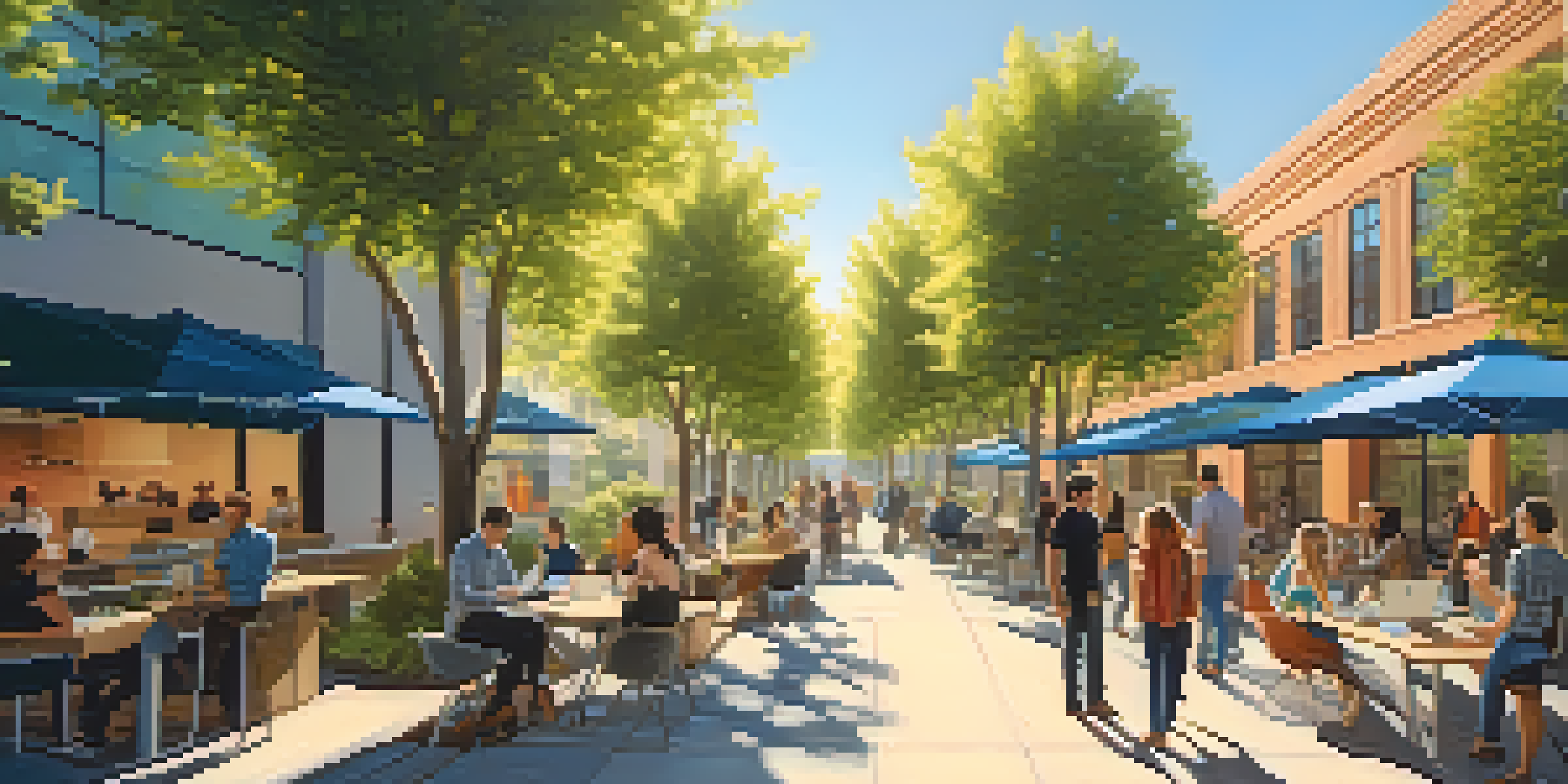 A lively street scene in Redwood City with entrepreneurs in a co-working space, surrounded by greenery and modern buildings under a blue sky.