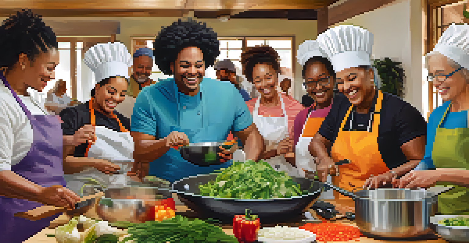 A group of people learning to cook in a lively cooking class, with a chef guiding them as they prepare various dishes together.