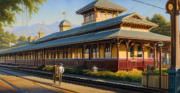 A vintage Southern Pacific Railroad train station with a steam locomotive and passengers in historical clothing, surrounded by trees and flowers.