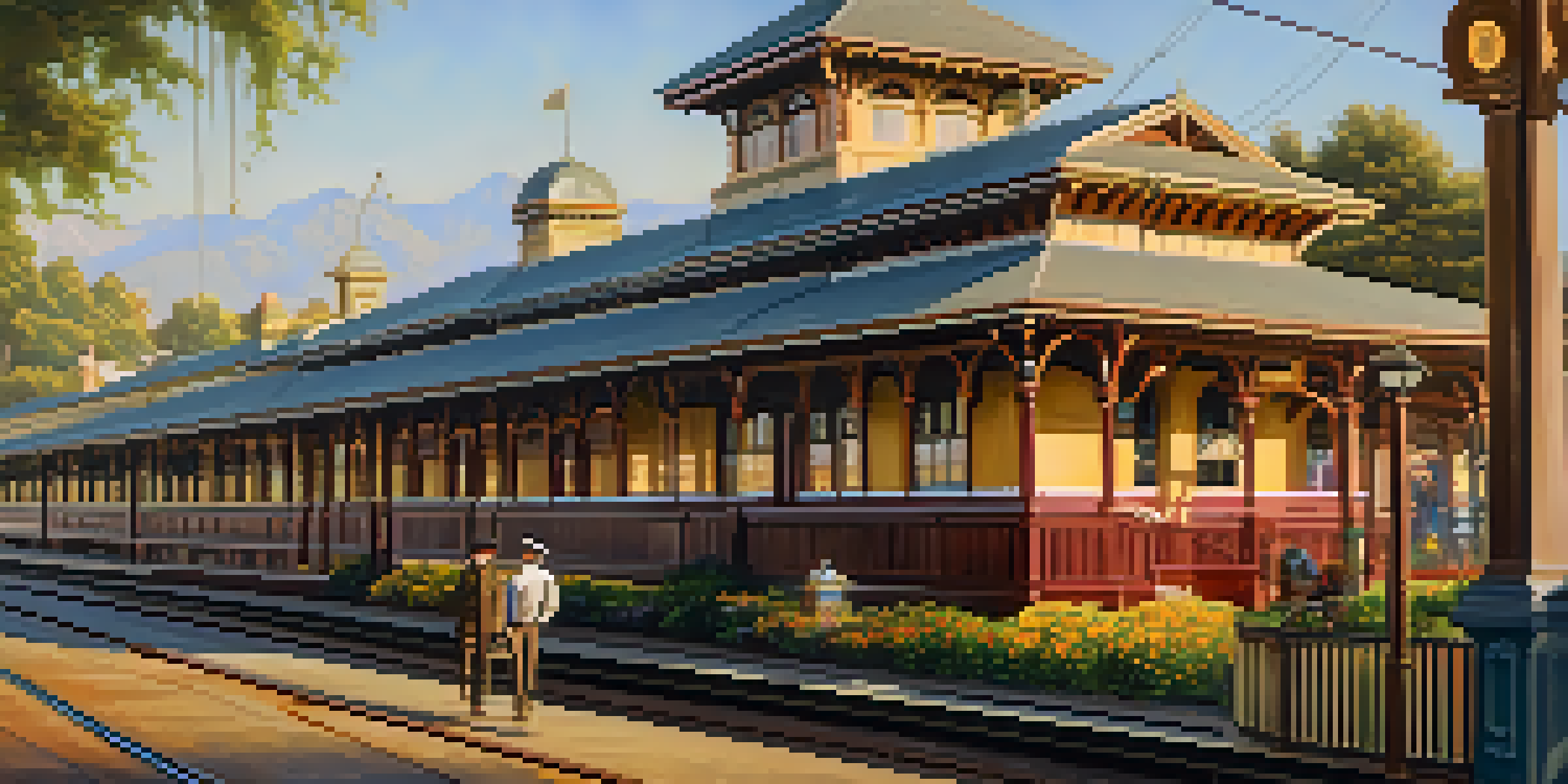 A vintage Southern Pacific Railroad train station with a steam locomotive and passengers in historical clothing, surrounded by trees and flowers.