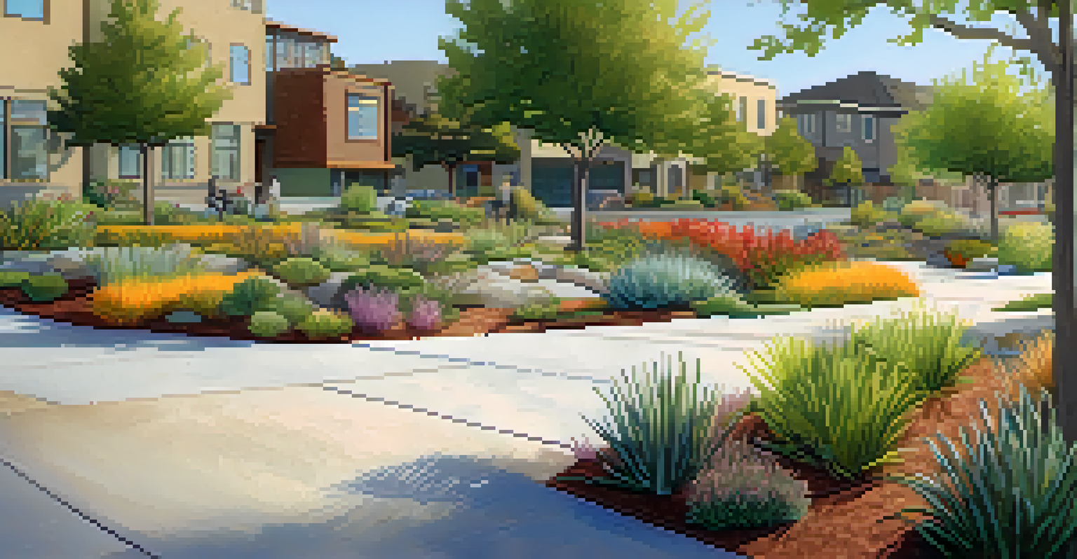 A rain garden showcasing drought-resistant plants and sustainable urban design elements.
