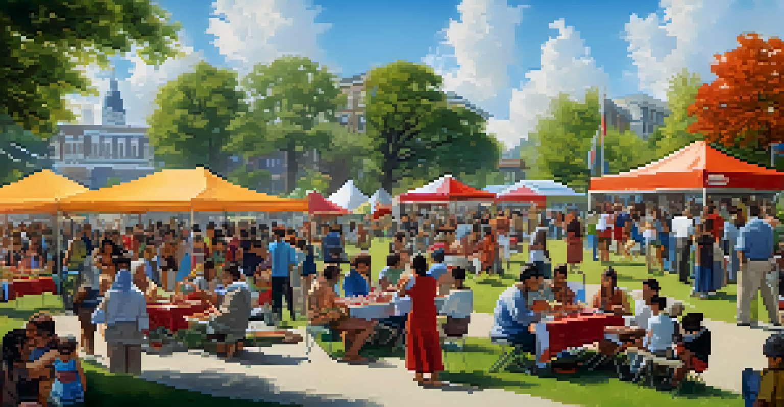 A lively community event in a park with families showcasing cultural foods and crafts, surrounded by attendees enjoying the festivities.