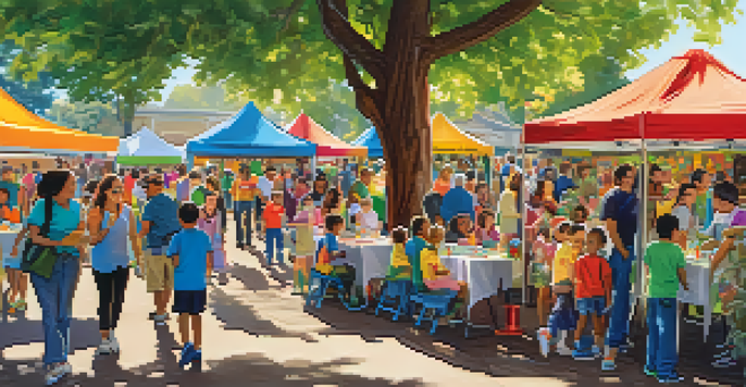 A lively community event with families and children participating in educational activities at colorful booths representing local nonprofits.