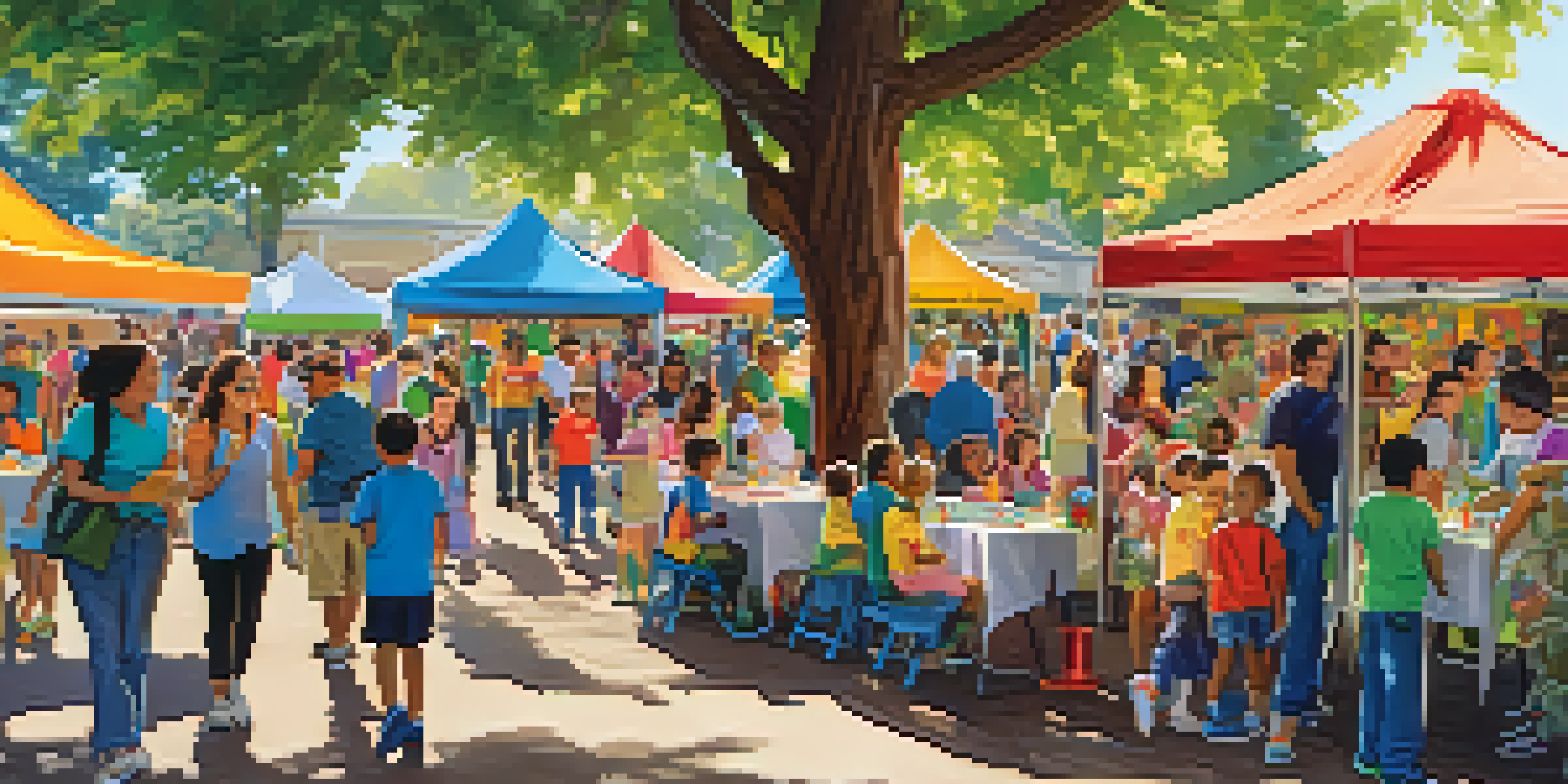 A lively community event with families and children participating in educational activities at colorful booths representing local nonprofits.