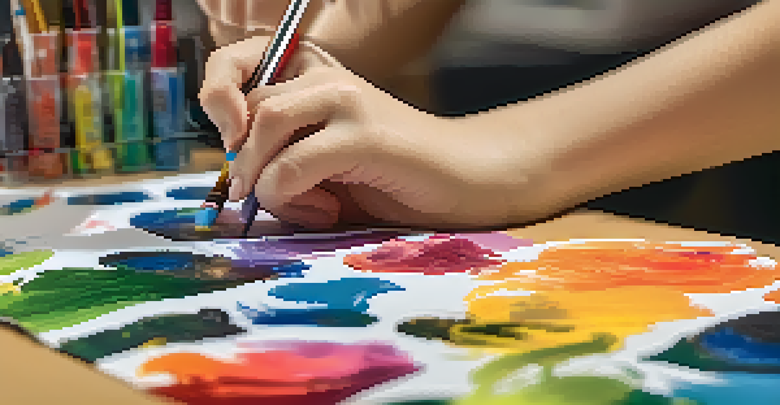 A student's hands painting on a canvas with various art supplies scattered around, showcasing creativity.