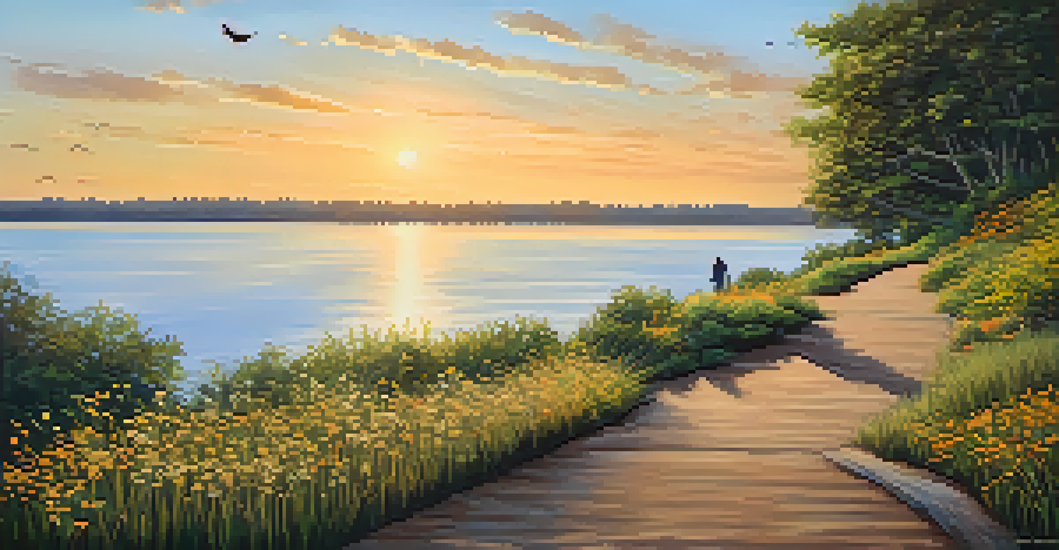A solitary hiker on a quiet trail at Bayfront Park with wildflowers and a beautiful sunset over the waterfront.