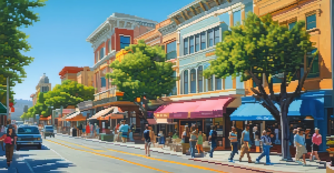 A lively street in Redwood City with a mix of historic and modern buildings, colorful shops, people walking, and trees.