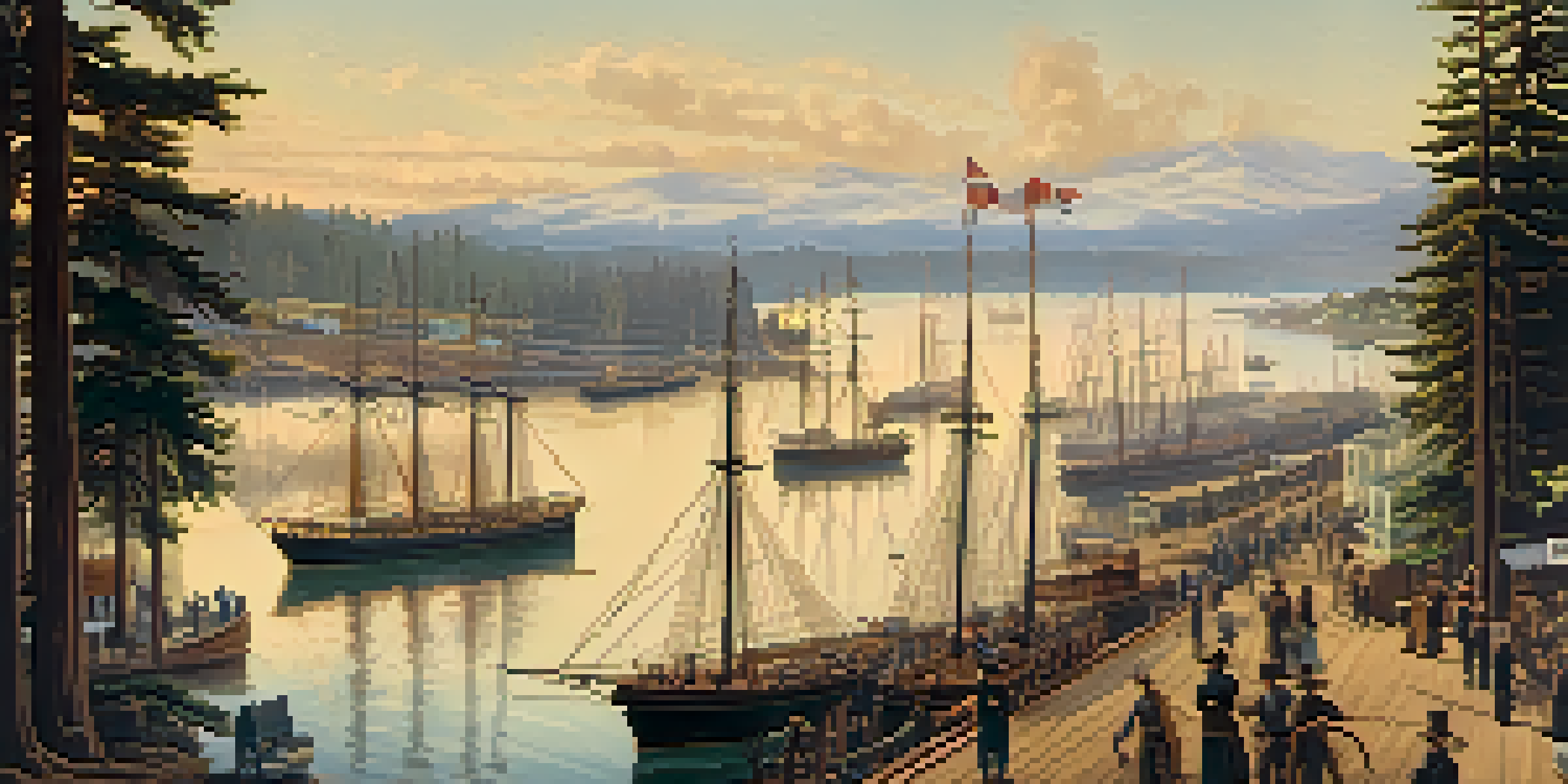A historical depiction of Redwood City with ships, sawmills, and redwood trees, illuminated by golden sunlight.