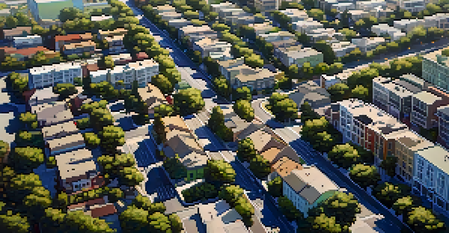 An aerial view of a city layout showing different zoning areas with buildings, streets, and green spaces.