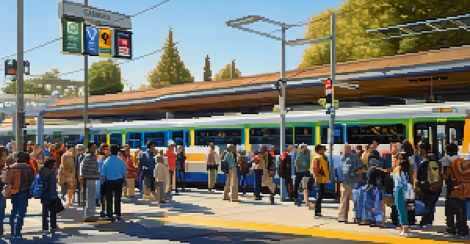 A bustling public transit station in Redwood City filled with diverse commuters and bright transit signs under a clear sky.