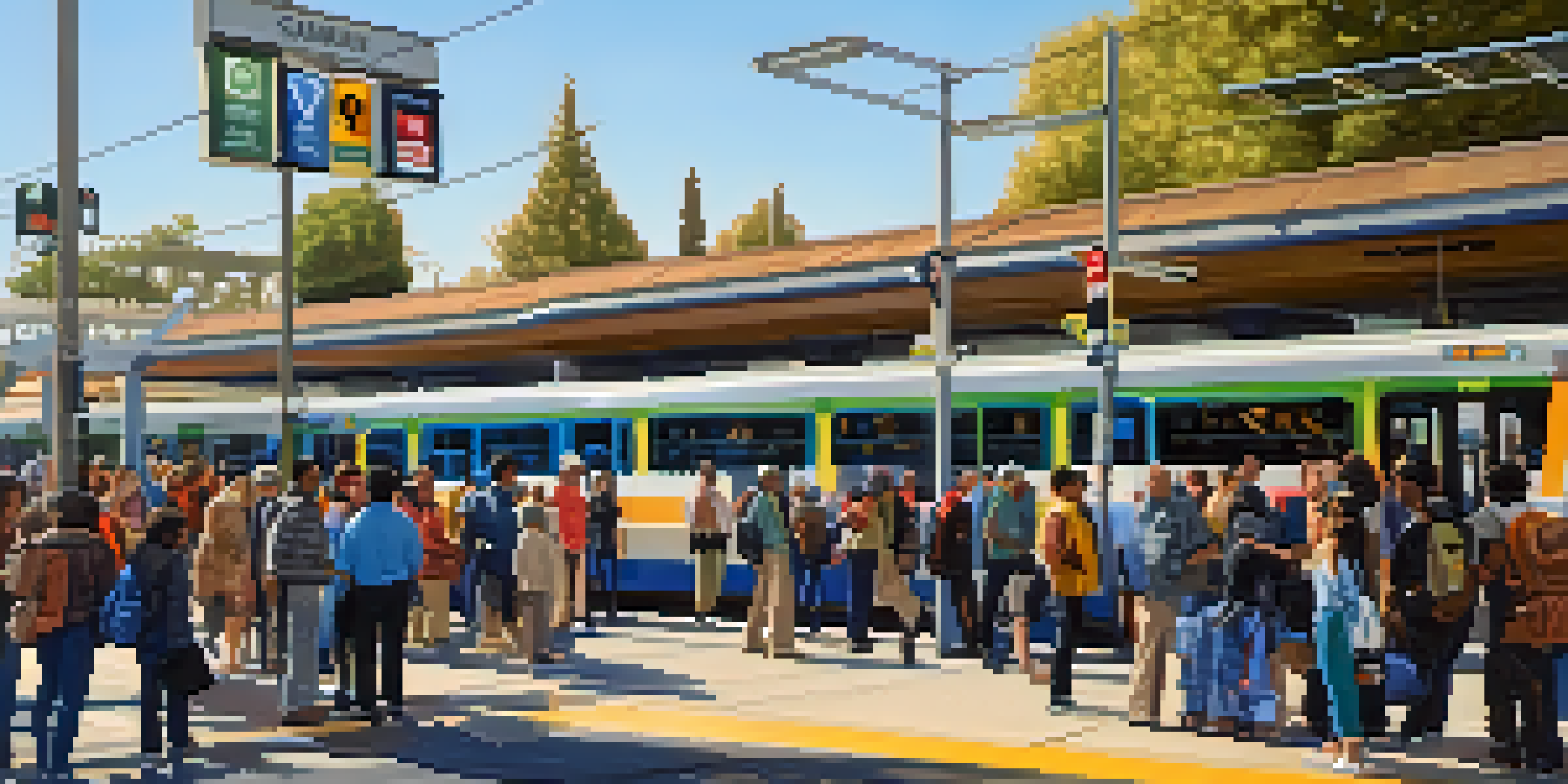 A bustling public transit station in Redwood City filled with diverse commuters and bright transit signs under a clear sky.