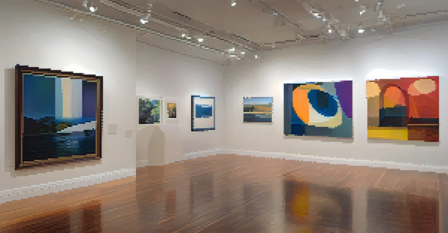 An intimate gallery in Redwood City showcasing contemporary art with various paintings on the walls and visitors appreciating the artwork in a softly lit environment.
