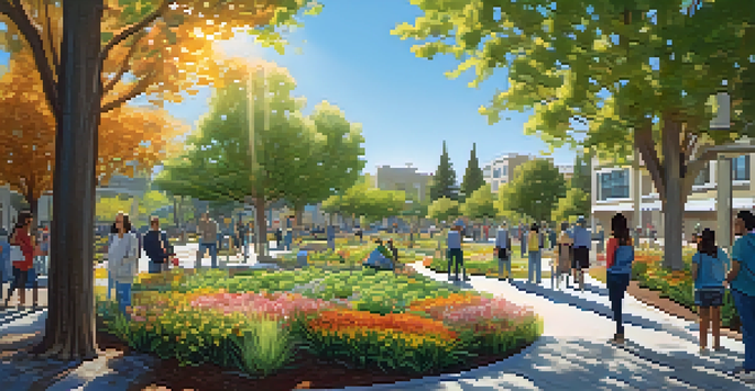 A lively urban park scene in Redwood City, with residents planting trees and sunlight shining through the leaves.