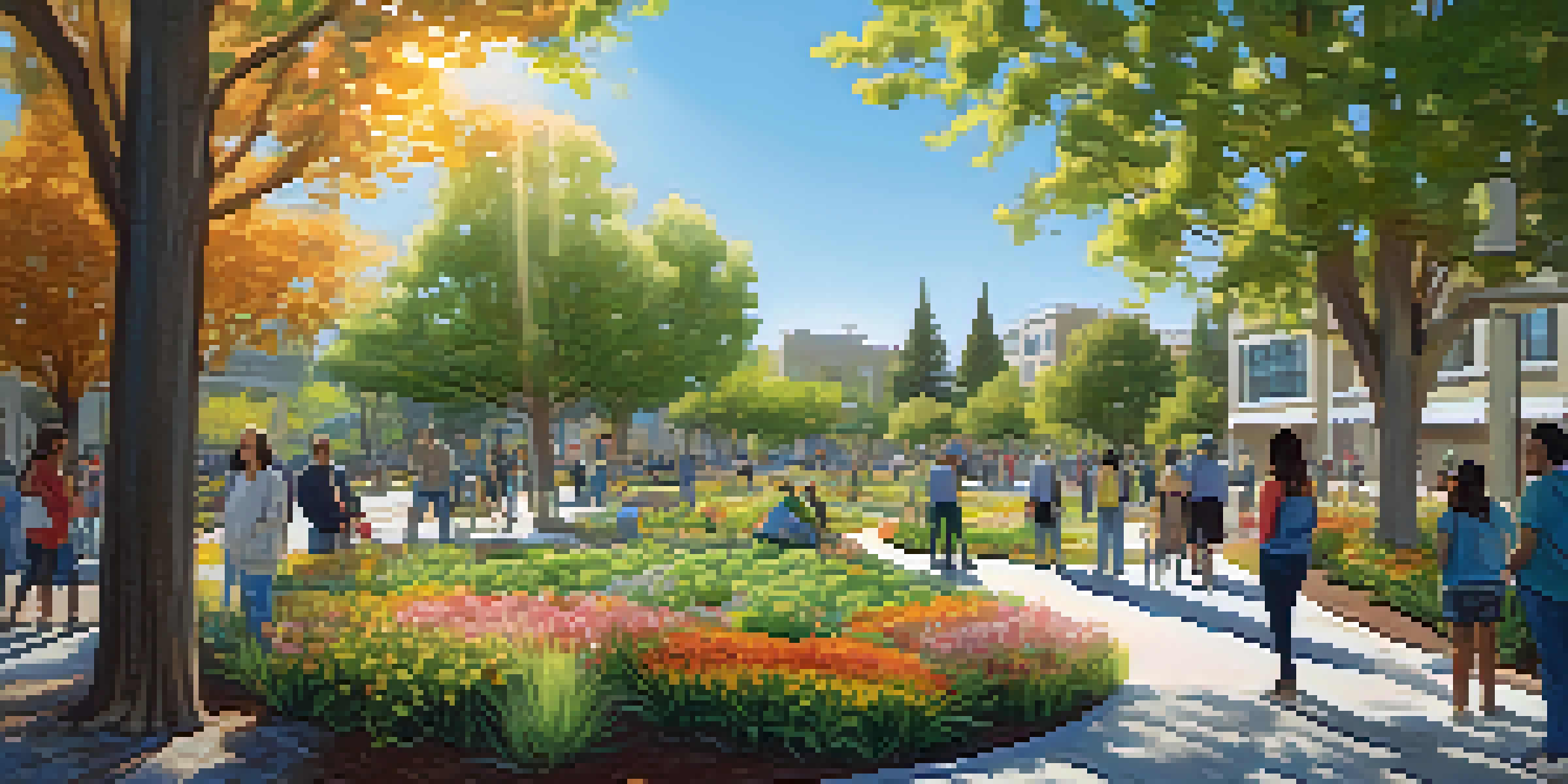 A lively urban park scene in Redwood City, with residents planting trees and sunlight shining through the leaves.