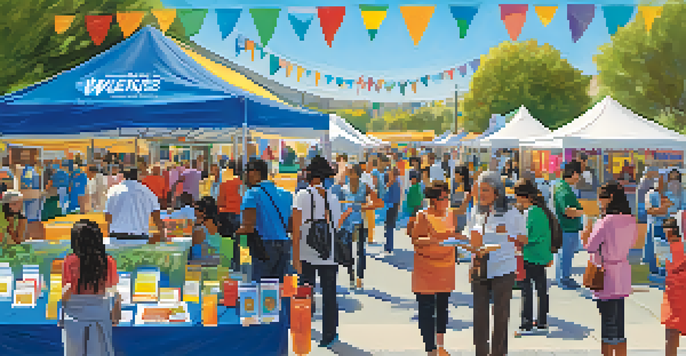 A bustling health fair with various booths, people interacting, and colorful banners promoting health education under a blue sky.