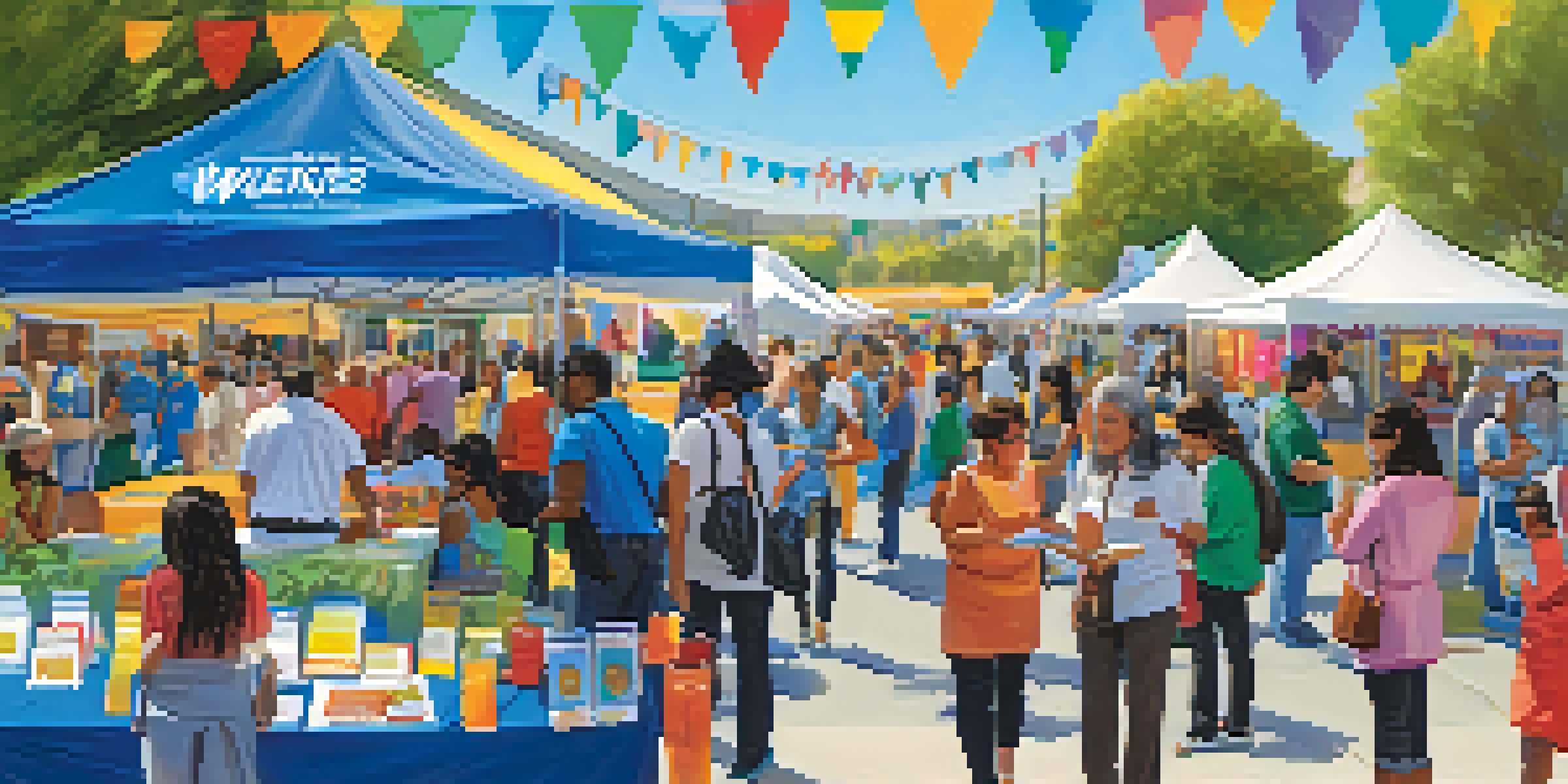 A bustling health fair with various booths, people interacting, and colorful banners promoting health education under a blue sky.