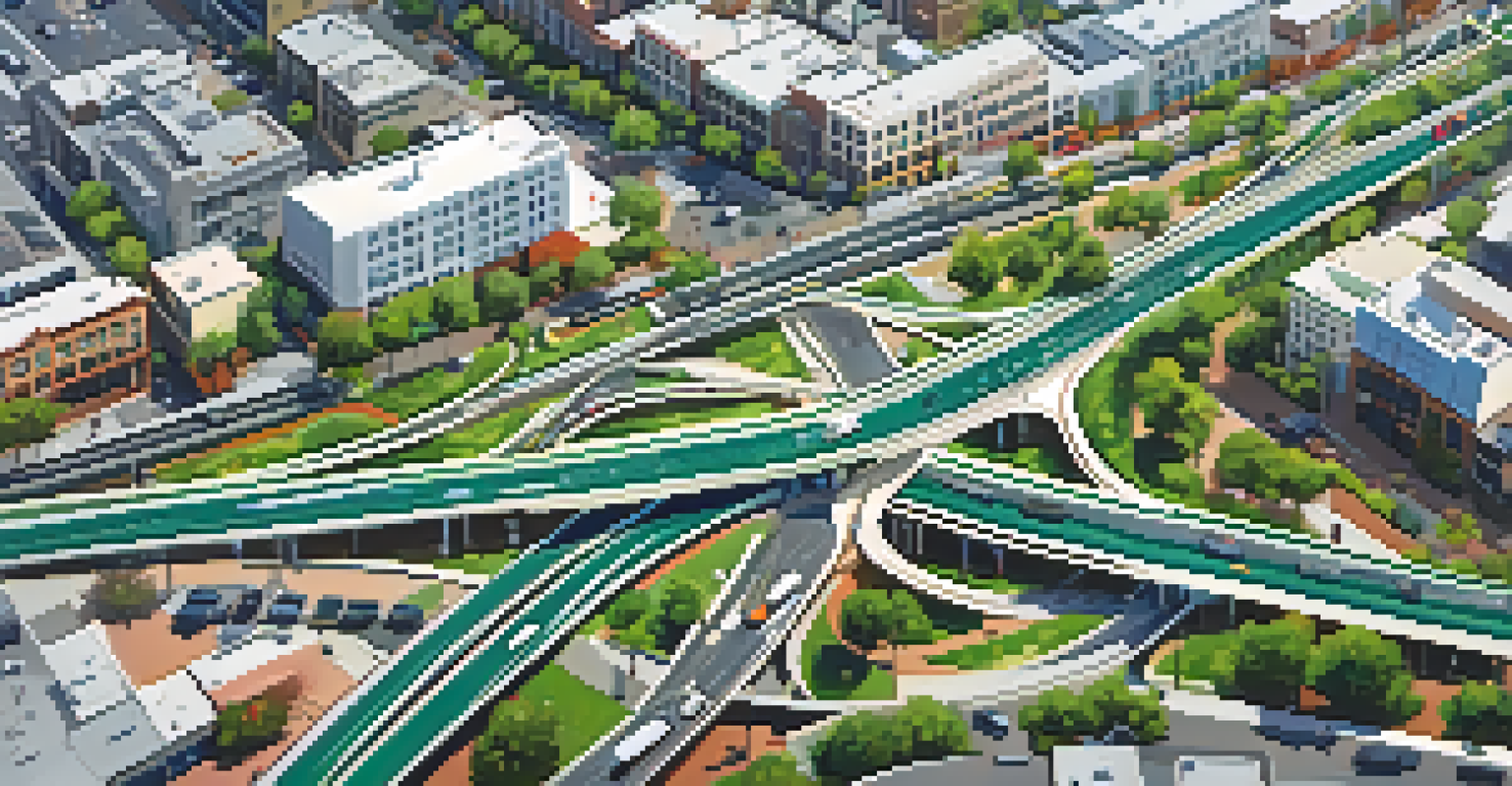 Aerial view of Redwood City with smart traffic lights and green spaces, bustling streets filled with vehicles and pedestrians.