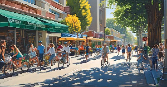 A lively urban scene in Redwood City with pedestrians, cyclists, and buses, surrounded by modern architecture and trees under sunlight.