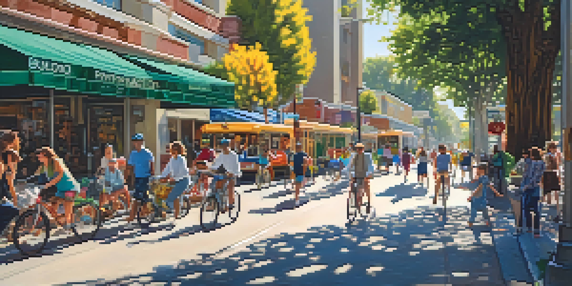 A lively urban scene in Redwood City with pedestrians, cyclists, and buses, surrounded by modern architecture and trees under sunlight.