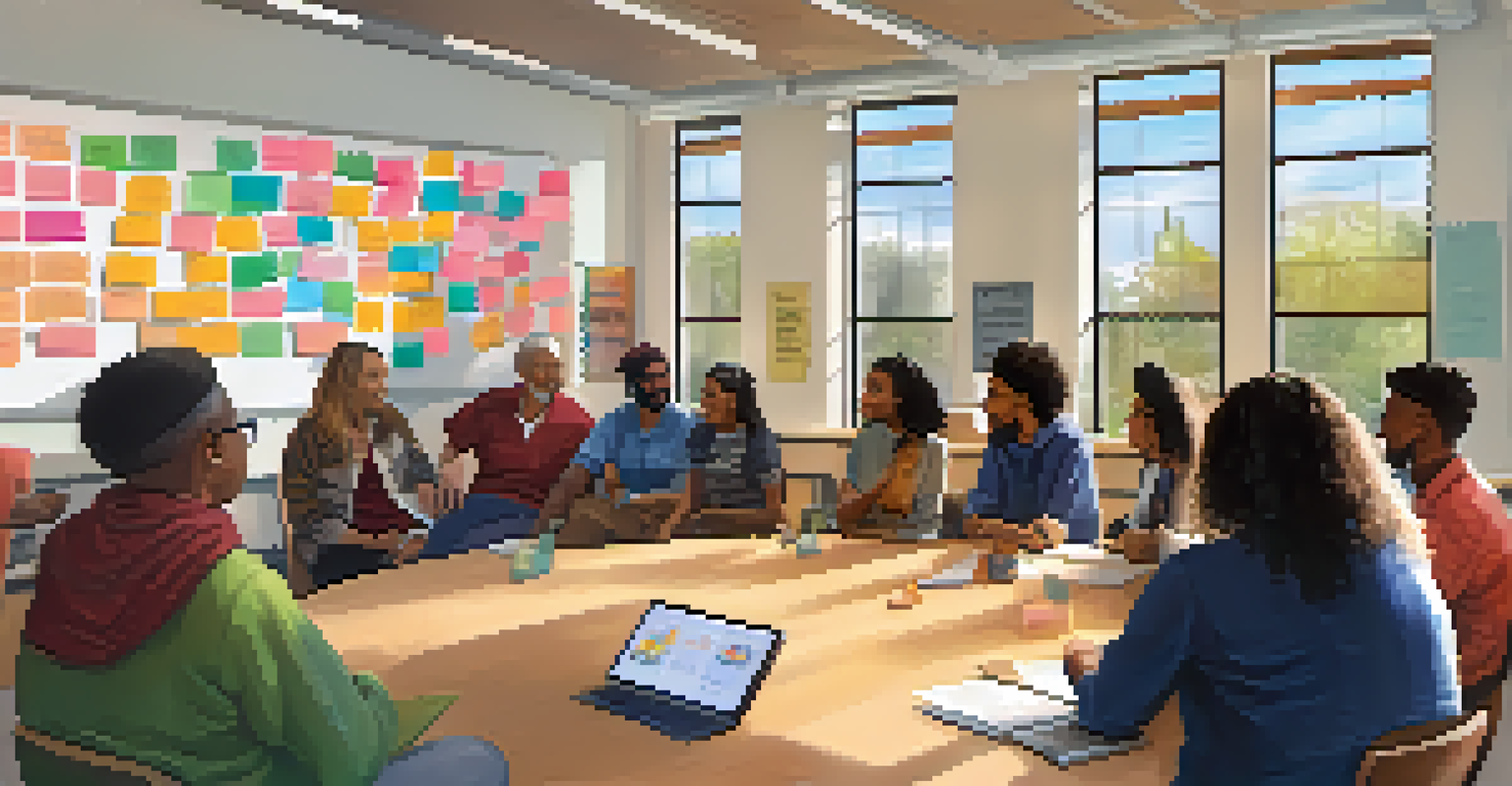 Residents gathered in a library for a community meeting, sharing ideas and discussing projects with sticky notes on a whiteboard.