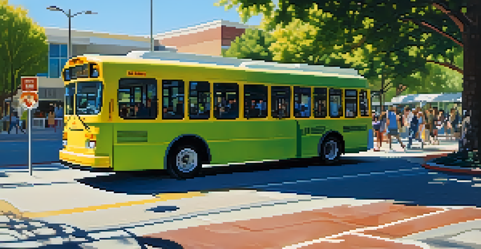 A modern electric bus at a busy transit station in Redwood City, surrounded by green parks and contemporary buildings, with diverse people waiting.