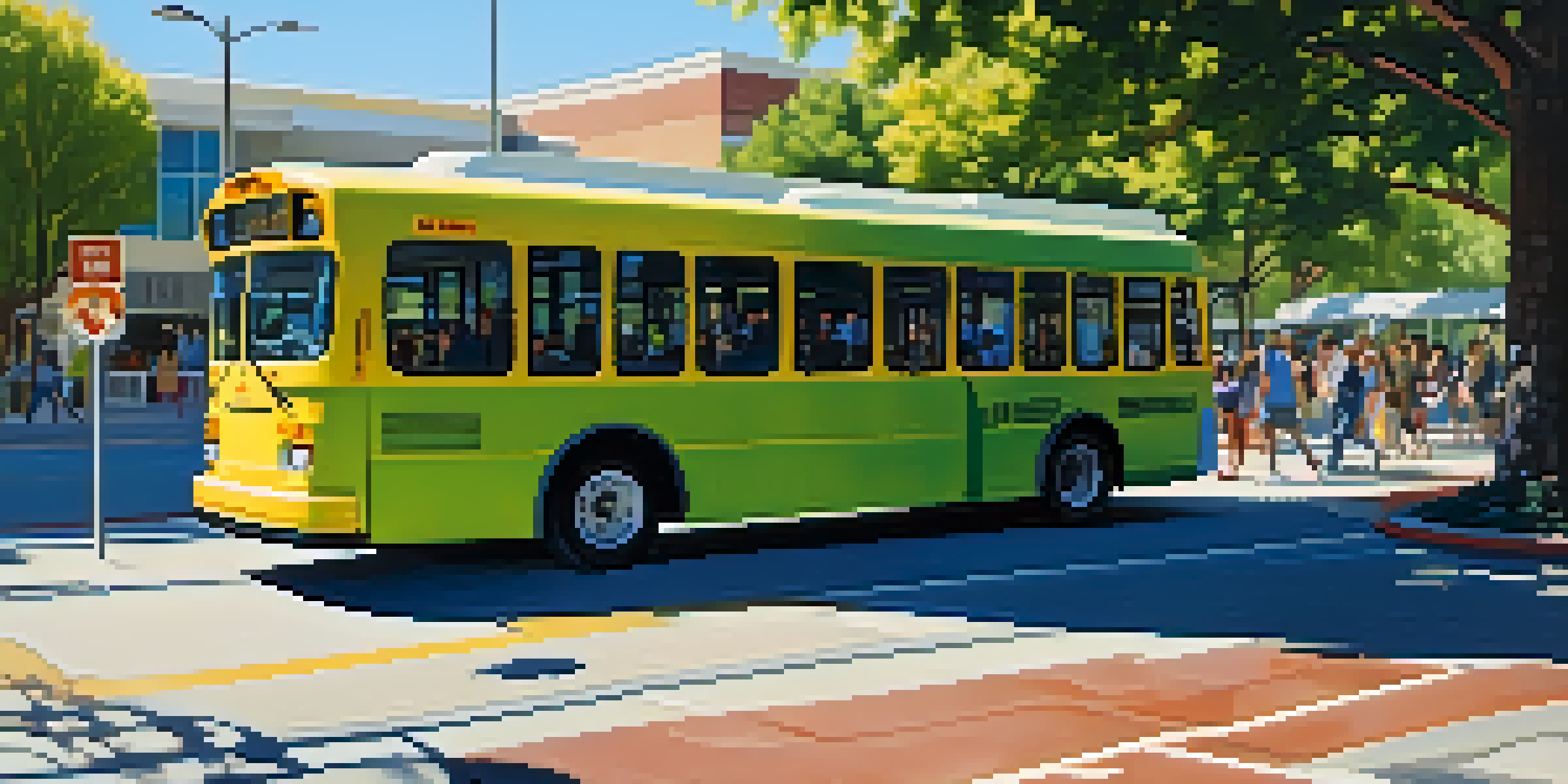 A modern electric bus at a busy transit station in Redwood City, surrounded by green parks and contemporary buildings, with diverse people waiting.