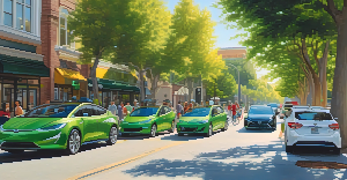 A lively urban street in Redwood City filled with electric vehicles, charging stations, pedestrians, and cyclists under a clear blue sky.