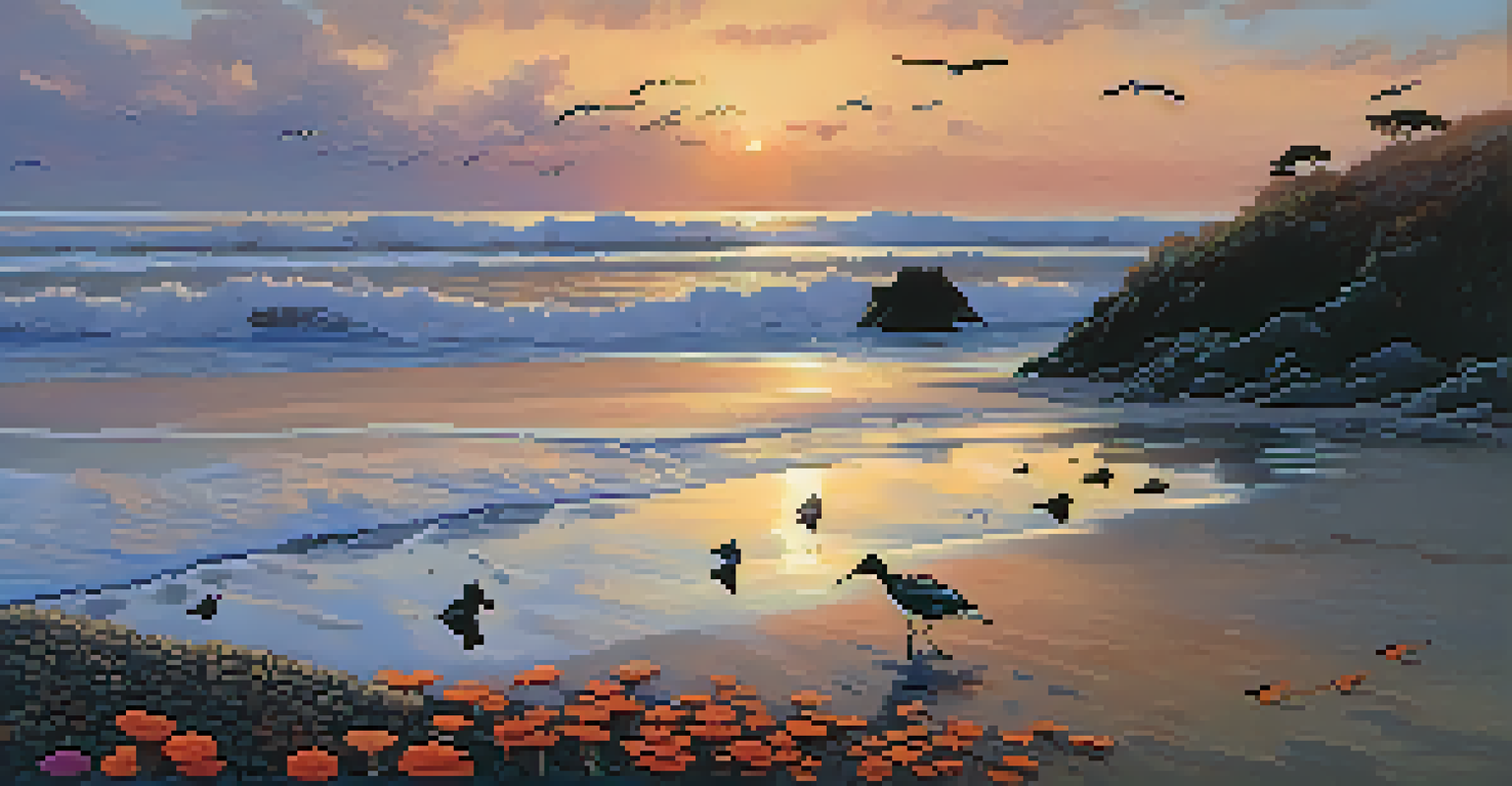 A beautiful coastal scene at sunset with waves, tide pools, and flying shorebirds.