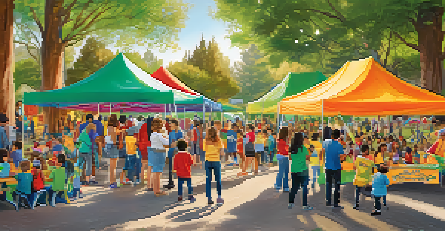 A community event with families and children enjoying various activities in a vibrant outdoor setting filled with tents and greenery.