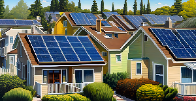 A sunny residential neighborhood in Redwood City with houses featuring solar panels on their roofs, surrounded by green trees.