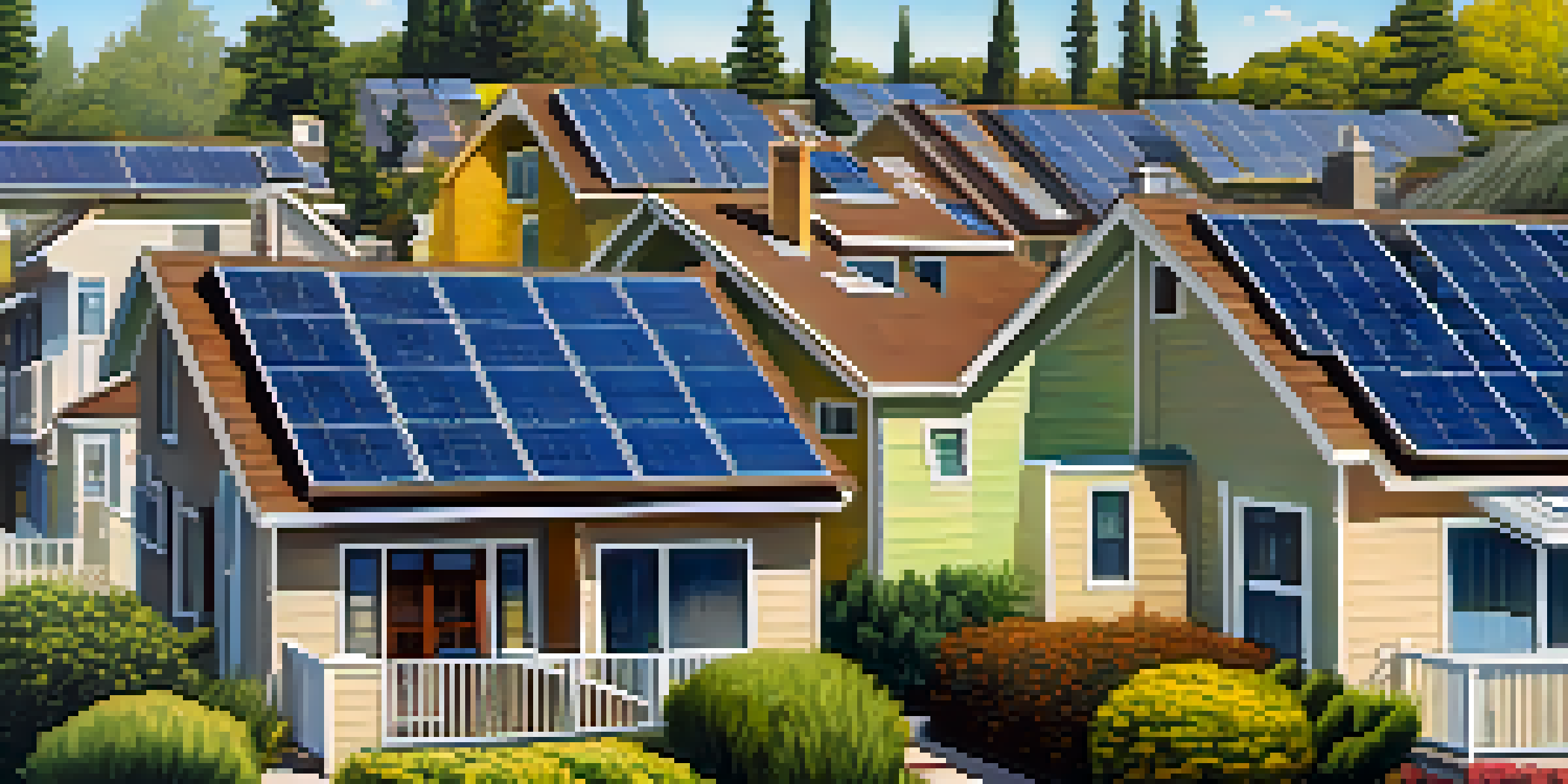 A sunny residential neighborhood in Redwood City with houses featuring solar panels on their roofs, surrounded by green trees.
