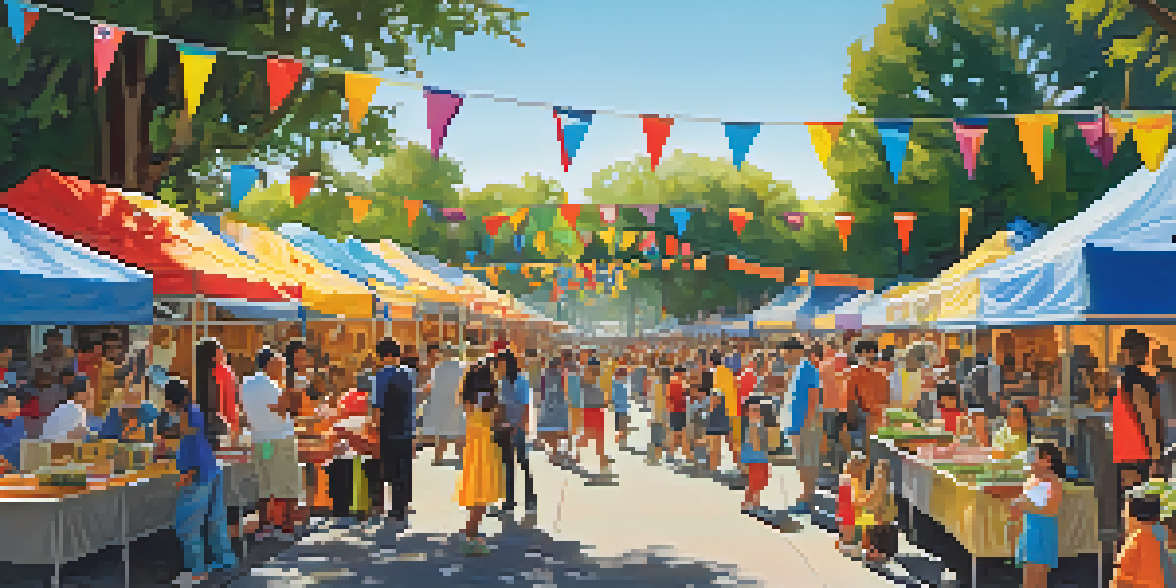 A lively community festival featuring diverse people enjoying food, music, and cultural activities in a sunny park.