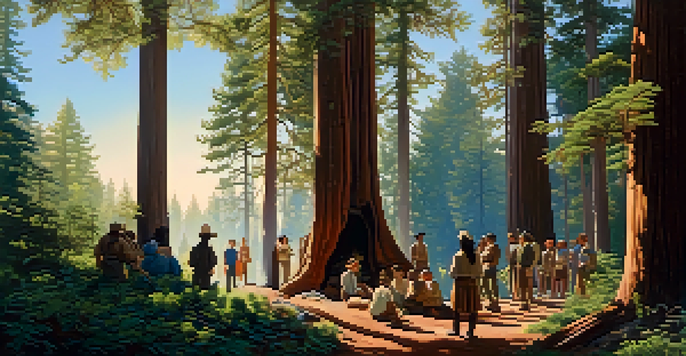 A peaceful Redwood City landscape with redwood trees and an Ohlone gathering, showcasing their connection to nature.