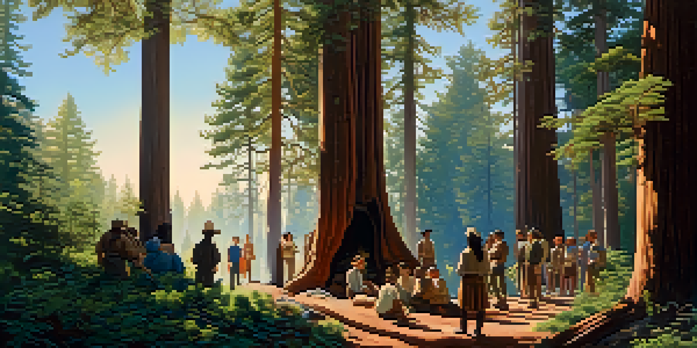 A peaceful Redwood City landscape with redwood trees and an Ohlone gathering, showcasing their connection to nature.