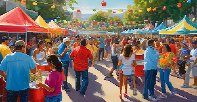 A lively salsa festival with colorful salsa jars and people enjoying the festivities.
