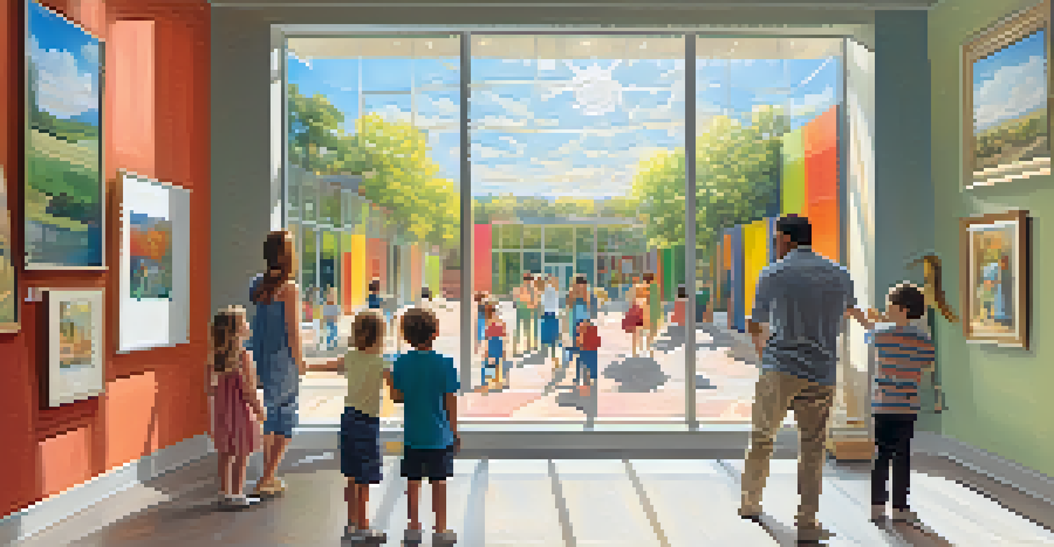 A family enjoying a visit to an art gallery, admiring colorful artworks and engaging in conversation.