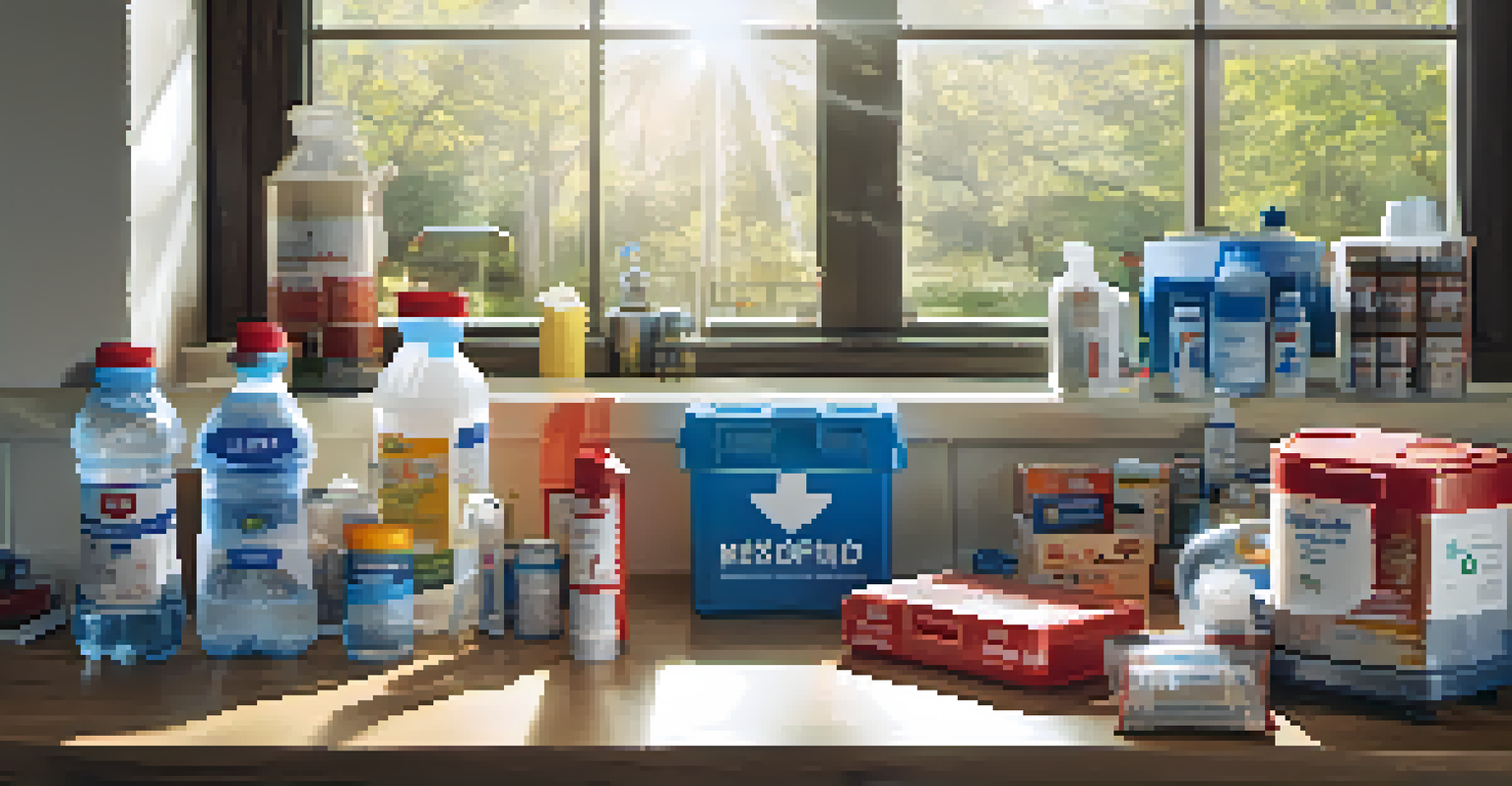 A well-organized disaster supply kit on a kitchen counter with essential emergency items.