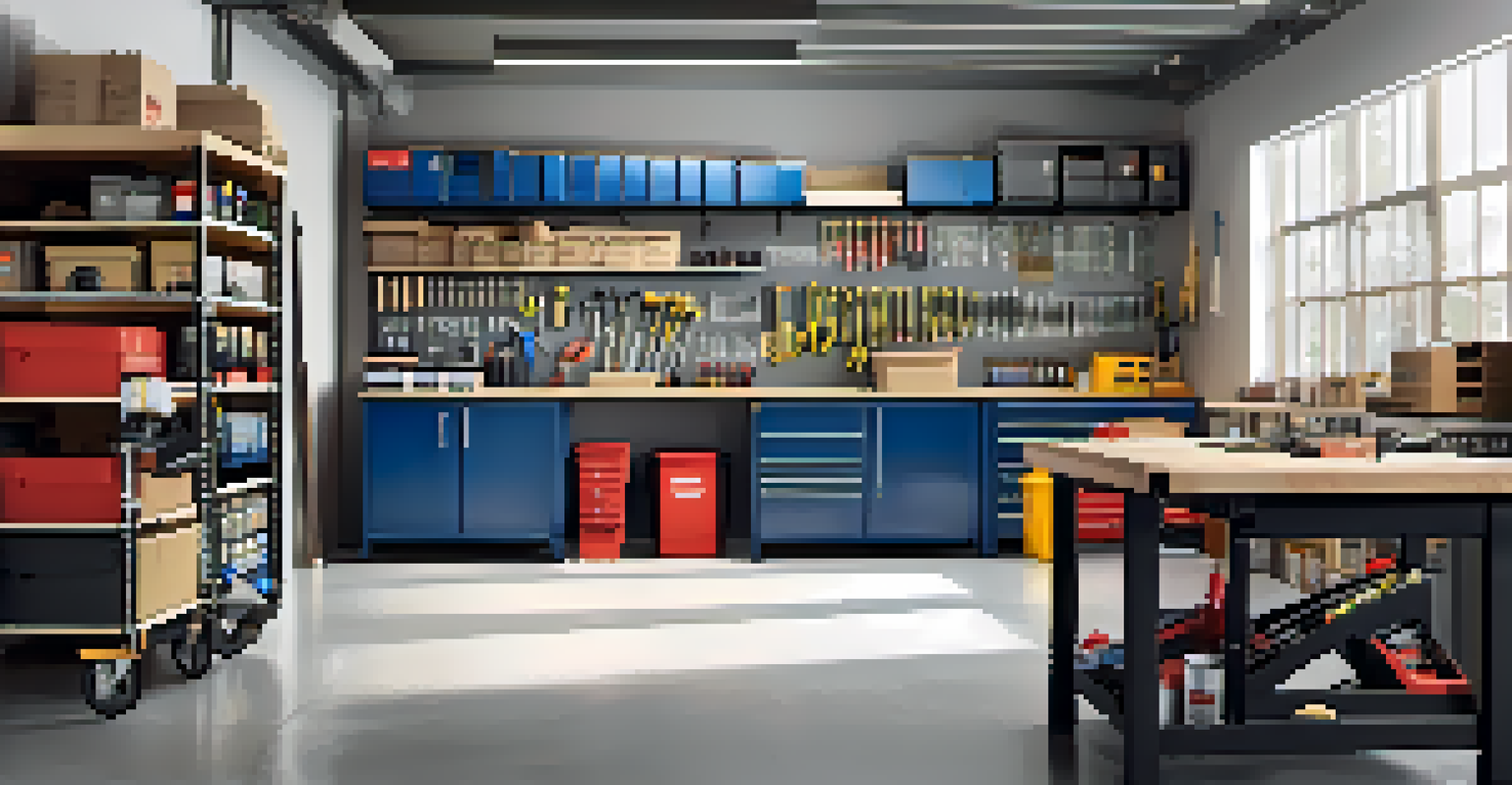 An organized garage workspace featuring labeled toolboxes and shelves filled with tools and materials.