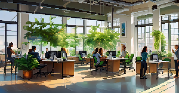 A lively startup office in Redwood City with diverse entrepreneurs collaborating in a bright, modern workspace filled with plants and artwork.