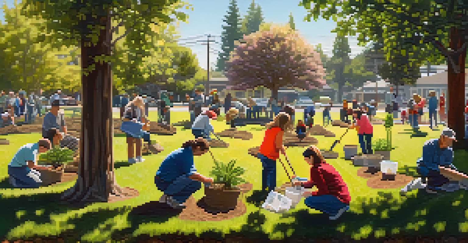 Residents participating in a tree planting event in Redwood City, surrounded by tools and blooming flowers under bright sunlight.