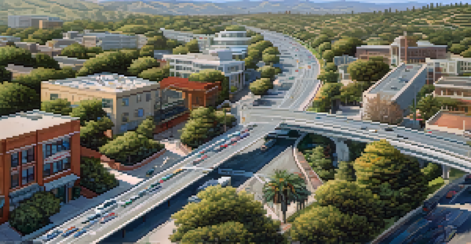 An aerial view of Redwood City showing smart traffic management systems with digital screens and adaptive signals in a bright daylight setting.