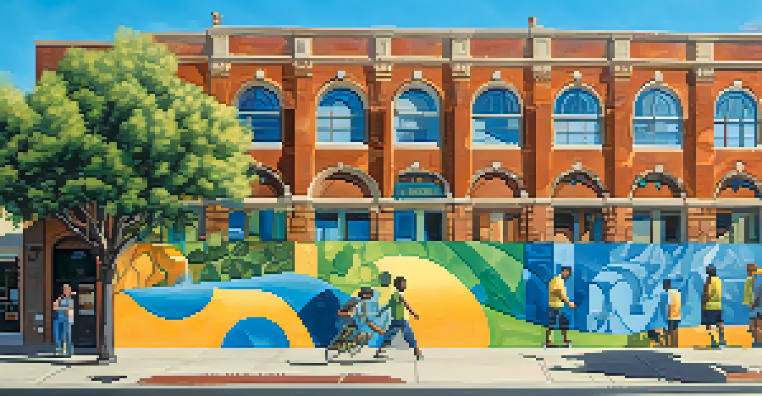 A colorful street mural in downtown Redwood City depicting local history, surrounded by urban buildings and illuminated by warm afternoon sunlight.