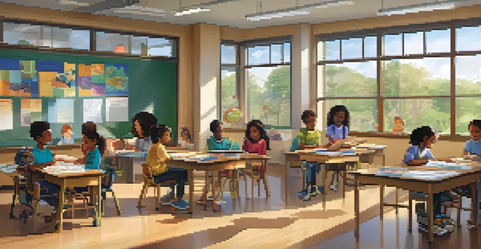 A diverse group of students working together in a bright classroom, promoting inclusion and collaborative learning.