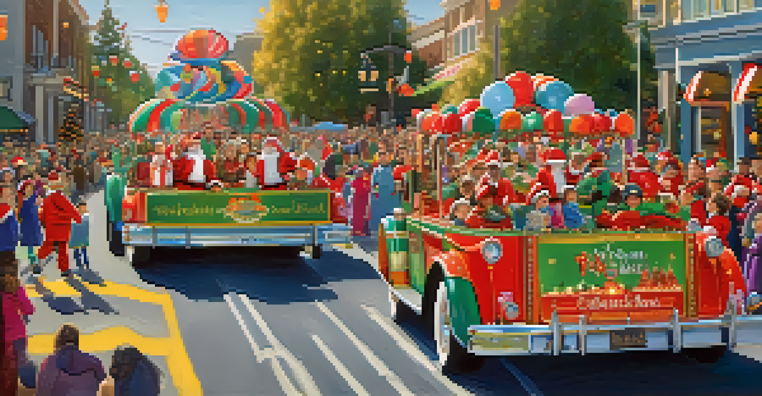A festive parade at the Redwood City Christmas Festival with colorful floats, performers, and cheering spectators.