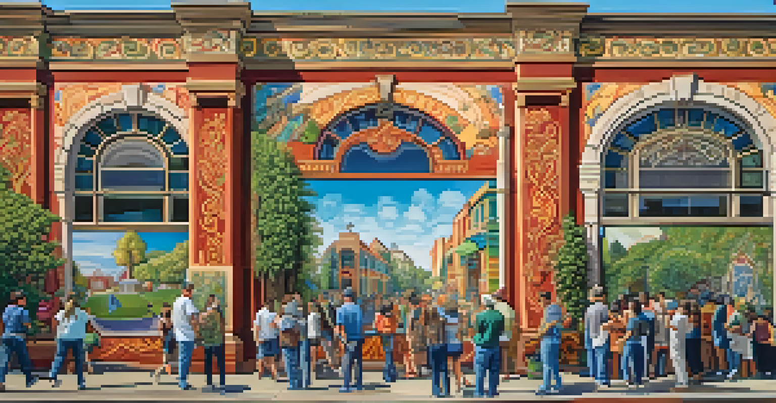 A colorful mural on a historic building in Redwood City, surrounded by greenery and people taking photos.