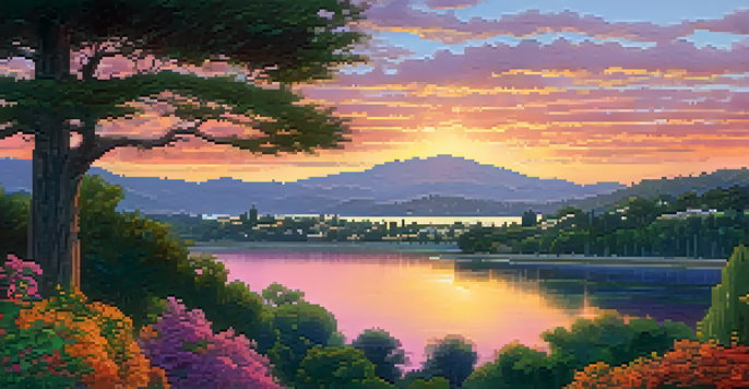 A beautiful sunset over Redwood City with colorful sky and lush greenery in the foreground.