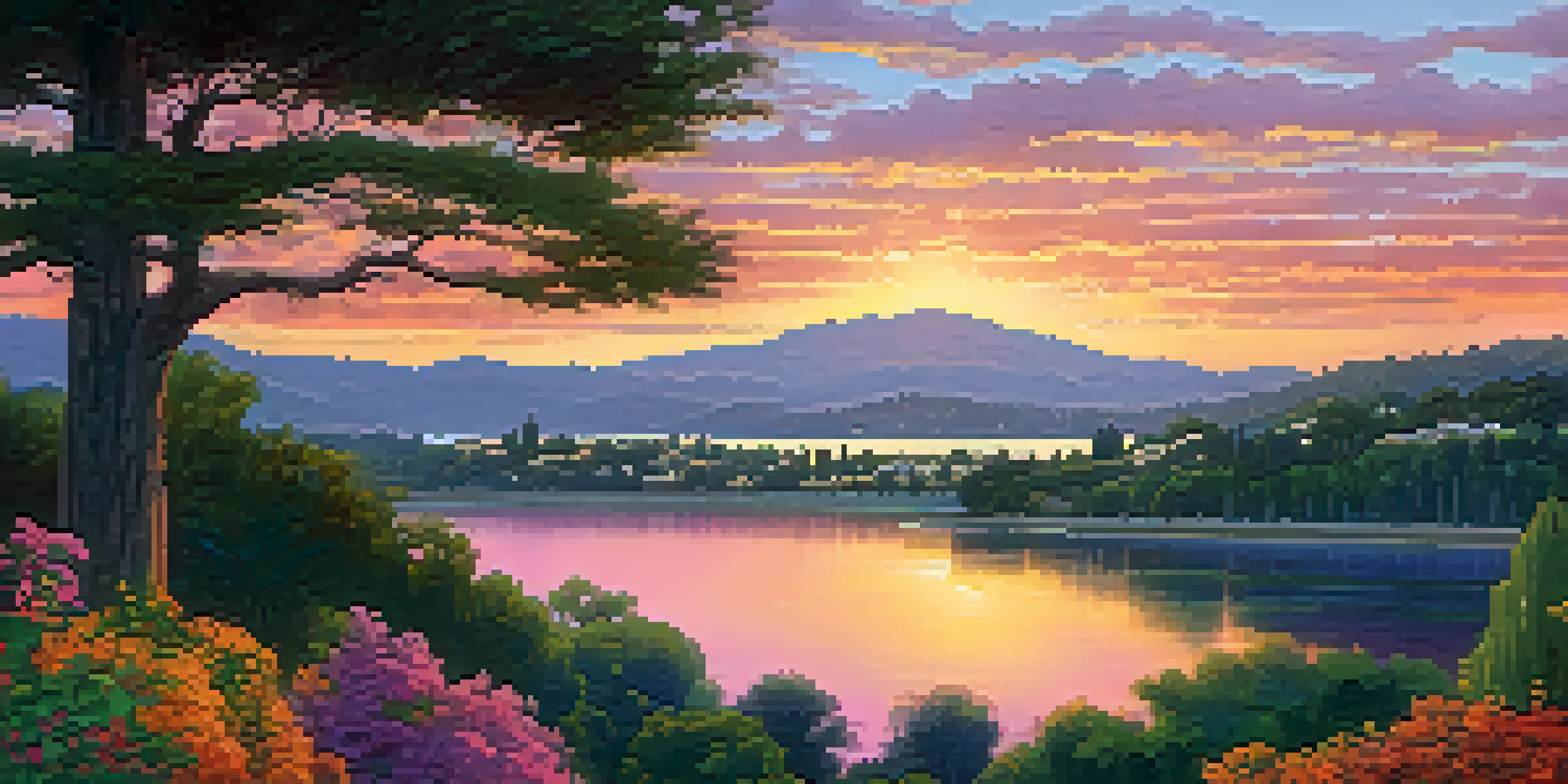 A beautiful sunset over Redwood City with colorful sky and lush greenery in the foreground.