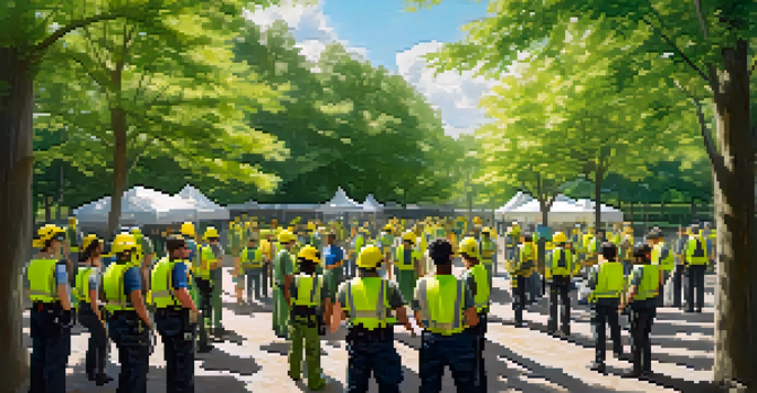 A diverse group of CERT volunteers practicing search and rescue techniques in a park, wearing yellow safety vests under sunlight filtered through trees.