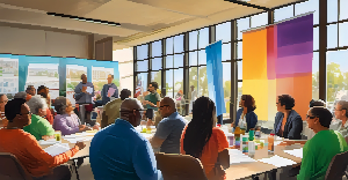 A diverse group of residents participating in a community meeting about affordable housing in Redwood City, with a city planner presenting a housing proposal.