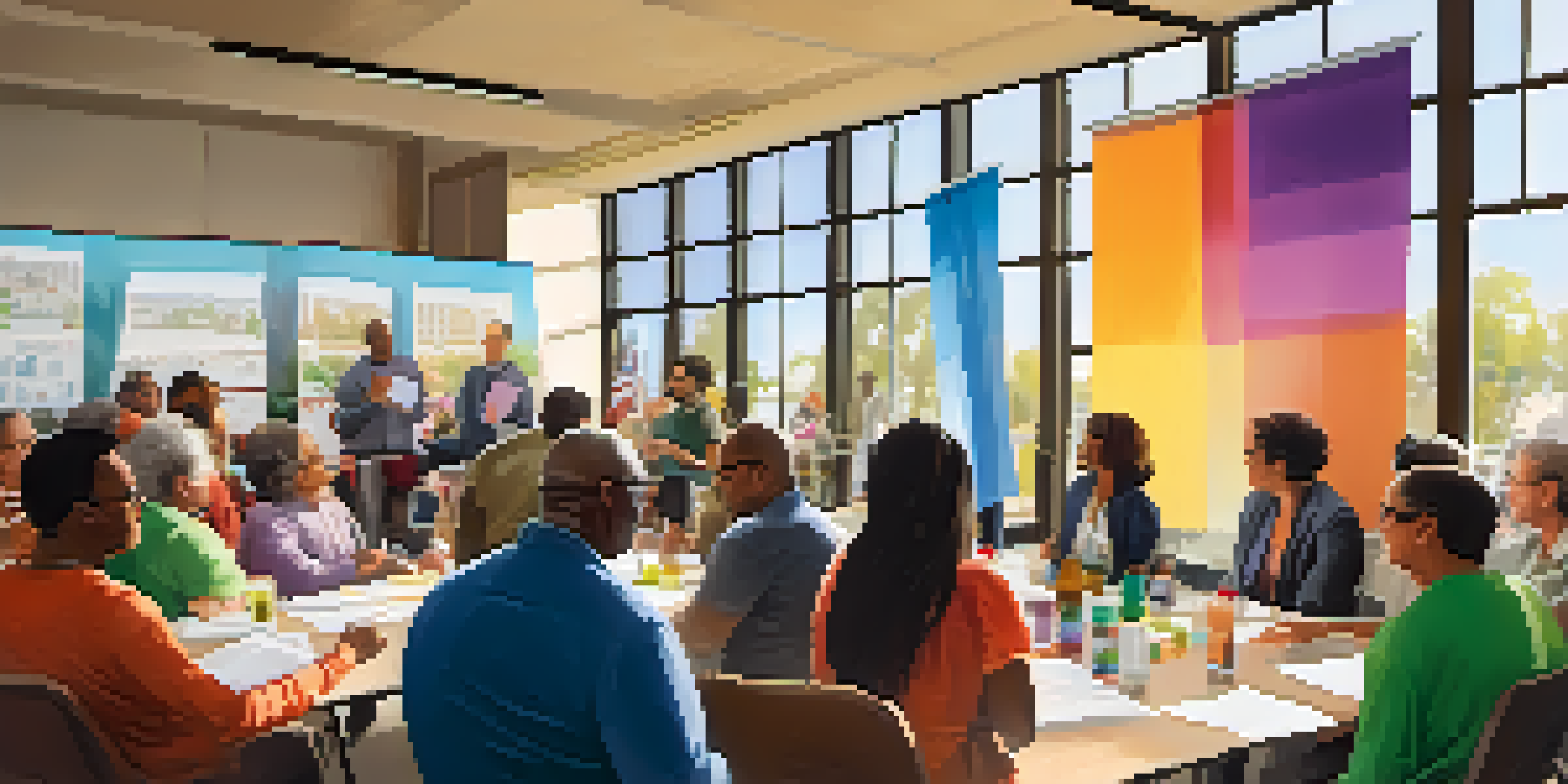 A diverse group of residents participating in a community meeting about affordable housing in Redwood City, with a city planner presenting a housing proposal.